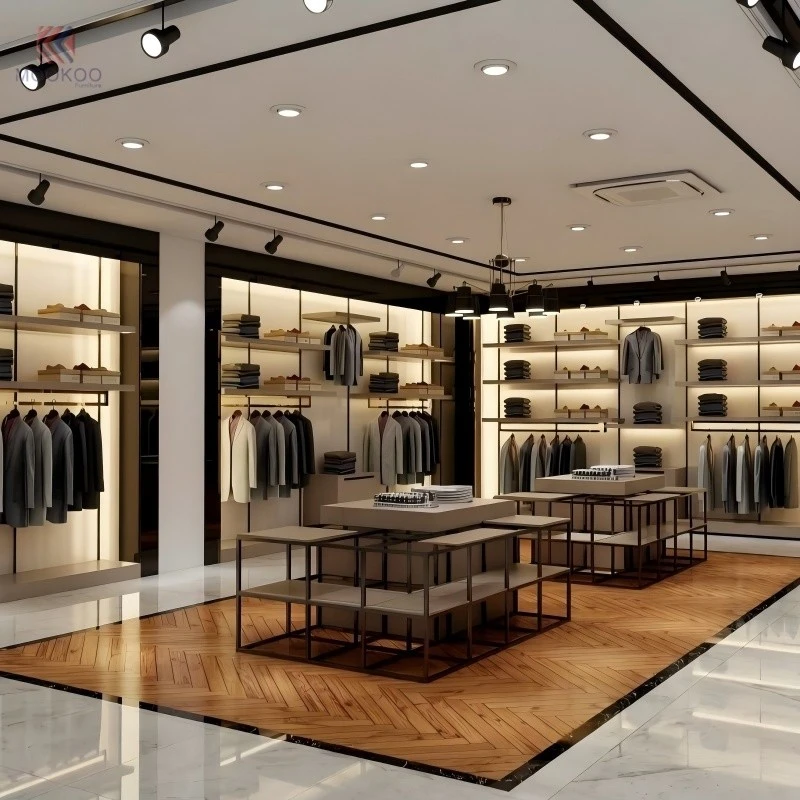 MOOKOO Customized LED Lit Metal Shelves Rotating Modern Garment Display Cabinet For Retail Boutiques With Easy Assembly suppliers